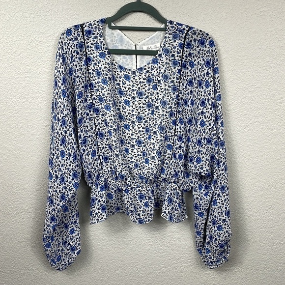 LoveShackFancy Nellie Blouse Floral Print Silk Biscay Blue Peplum Sz XS - Picture 6 of 14
